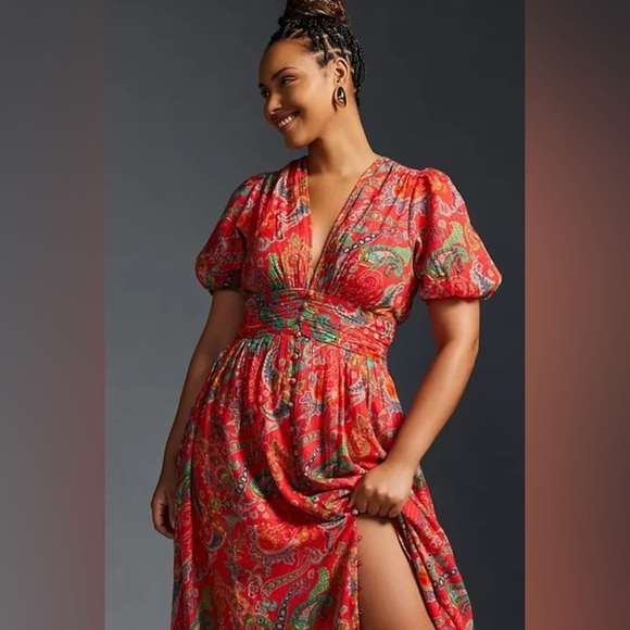 Anthropologie The Katerina
Lurex Button Front Dress in Red Paisley Size 8 - Picture 3 of 10